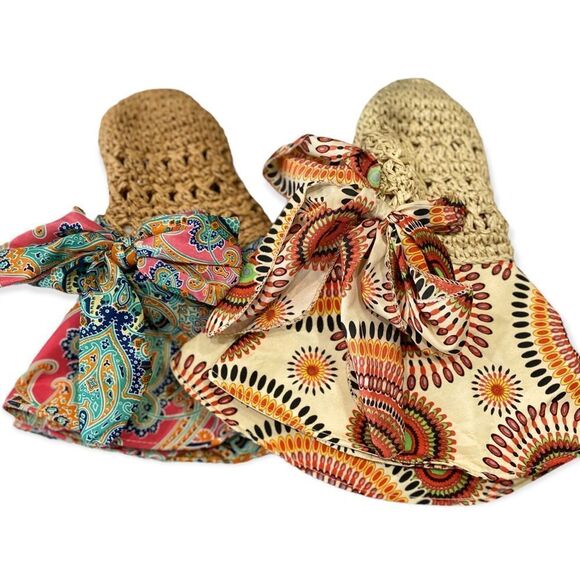 Retro Colorful Geo Wide Brim Summer Straw Crochet Sun Hat NEW - Picture 3 of 4